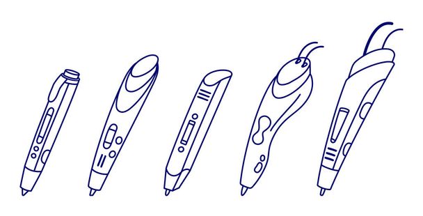 Cinco canetas 3d, objetos isolados em estilo esboço - Vetor, Imagem