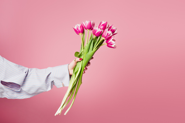 Ausgeschnittene Ansicht des Straußes von Tulpen in der Hand der Frau isoliert auf rosa  - Foto, Bild