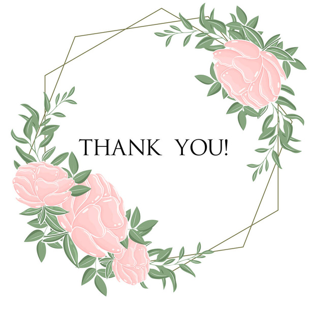 Round floral frame, thank you. Thank you lettering in a frame. Flowers in a circle, floral border. Template for a postcard. Delicate pink peonies.Vector. - ベクター画像
