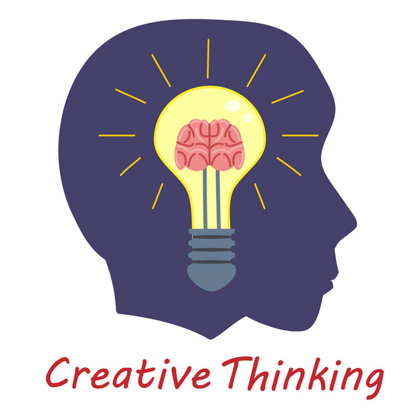 Lâmpada Criativa Pensamento Logo símbolo cérebro dentro. Cabeça homem, ideia criativa, mente, solução, criatividade. Isolamento plano ilustração vetorial - Vetor, Imagem