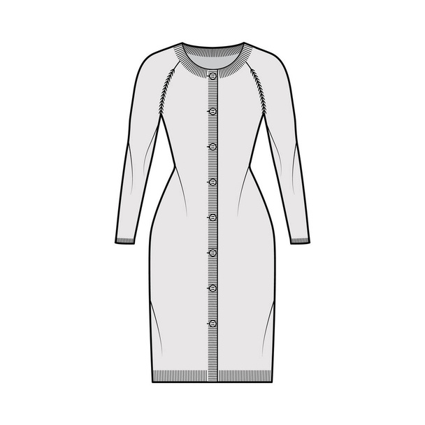 Round neck dress cardigan technical fashion illustration with long raglan sleeve, fitted body, hip length, knit rib cuff - Vector, Image
