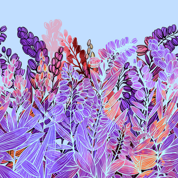 Flowers and provence herbs silhouettes seamless border. Digital lines hand drawn picture with watercolour texture. Mixed media artwork. Endless motif for textile decor and natural design. - Fotoğraf, Görsel