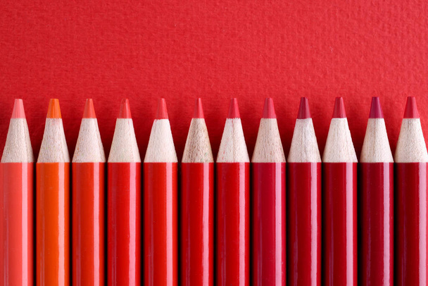 Closeup of many shades of red wooden pencils - Photo, Image