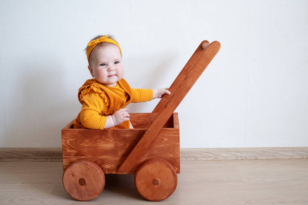 Malá roztomilá holčička hraje s dřevěným vozíkem - Fotografie, Obrázek