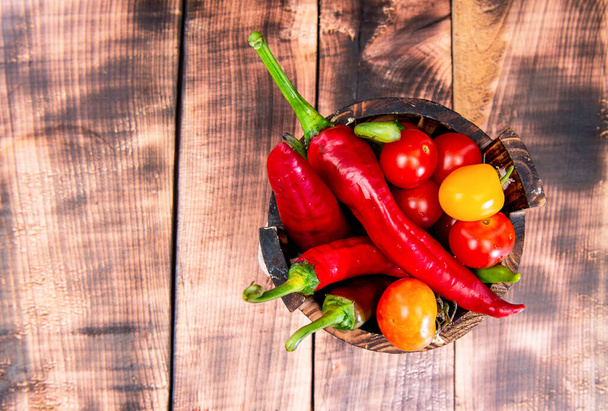 Fresh peppers and tomatoes organic vegetables natural food wooden background copy space, veggies - Foto, immagini