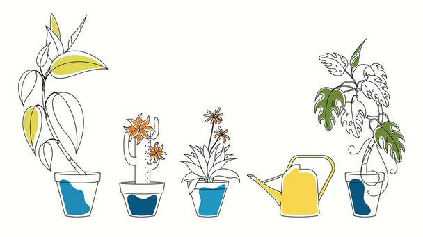 Σετ τέχνη γραμμή των εικονογραφήσεων φυτά στο σπίτι σε γλάστρες και ένα κίτρινο ποτιστήρι - Διάνυσμα, εικόνα