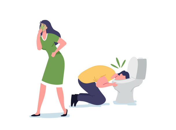 Food Poisoning, Contaminated Products Concept. Sick Male and Female Characters Nausea and Vomit in Toilet Bowl - Vector, Image