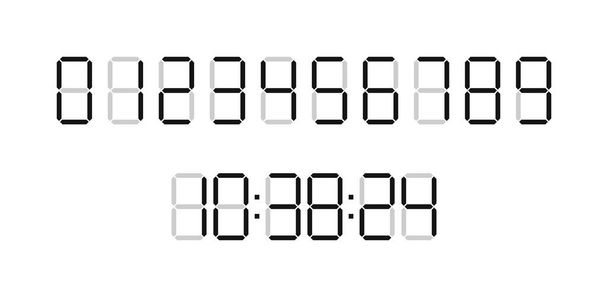 Digitale tijdklok. Cijfers voor timer, rekenmachine en horloge display. Lettertype van cijfer voor teller. Zwarte cijfers geïsoleerd op wit bord. Soort cijfers voor aftellen. Web grafisch voor klok. Vector. - Vector, afbeelding