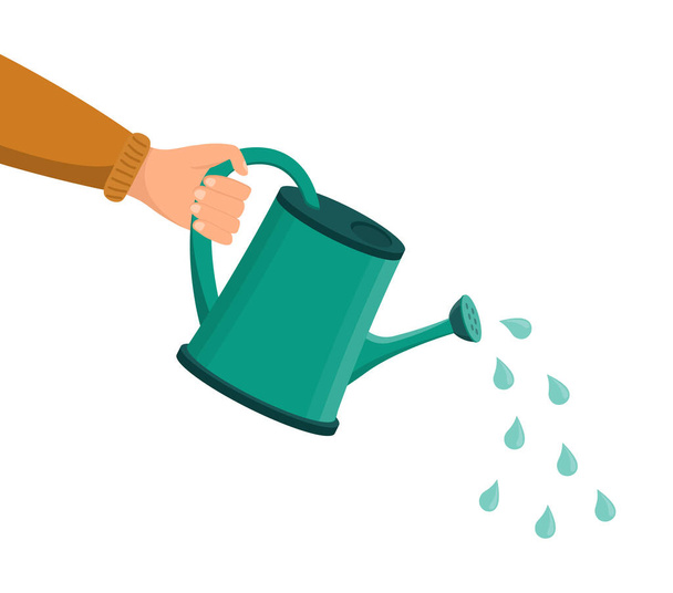 Can with water for watering of plant. Pitcher with water in hand for sprinkle of garden. Hand holding equipment for growth of flower. Jar or jug for horticulture. Sprinkler for watering. Vector. - Vector, Image