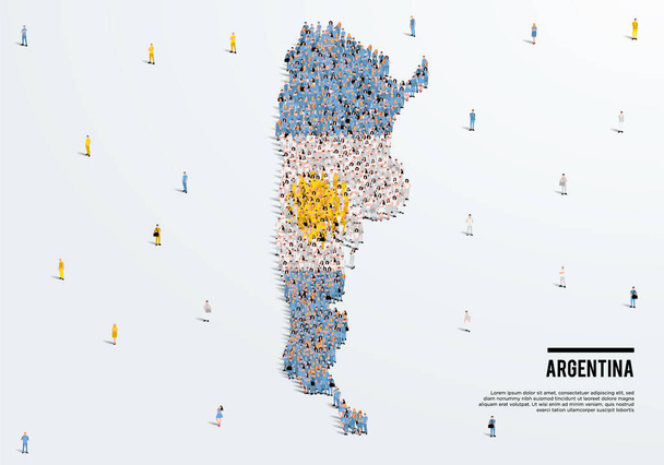 アルゼンチン地図と旗。アルゼンチンの旗の色のフォームの人々の大規模なグループは、マップを作成します。ベクターイラスト. - ベクター画像