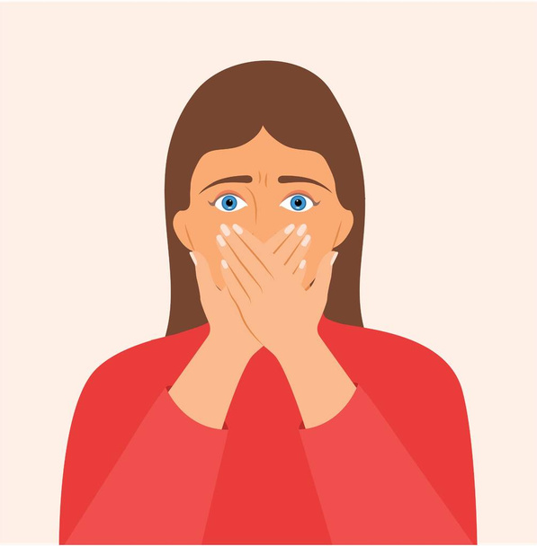 Portrait of scared, panicked woman with hand covering mouth, isolated on white background. Cartoon character beautiful girl frightening, terrified, panic, shocked facial expression vector illustration - Вектор, зображення