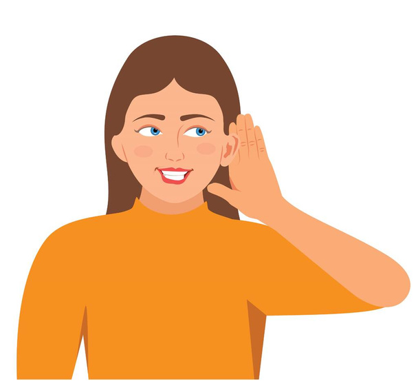 Young pretty smiling woman Listening With Her Hand On An Ear Isolated Over White Background Facial expression with gesture. Woman listen by ear with making a gesture with hand, Vector illustration - Vector, Image
