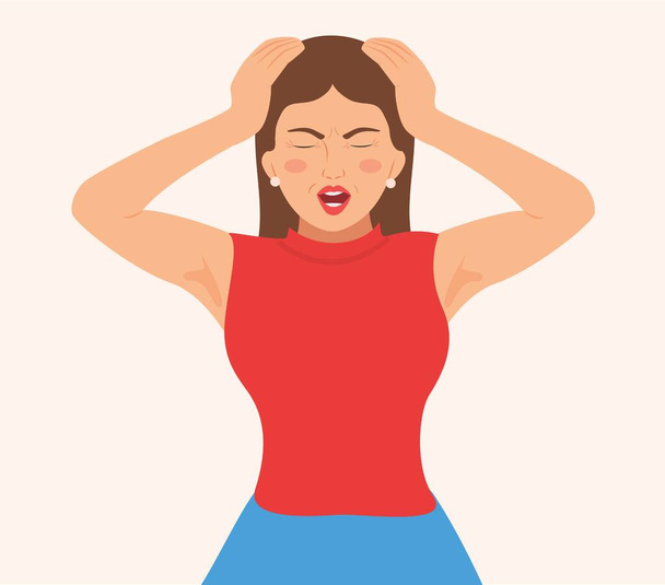 Young woman screaming and keeps hands on head. Face expression with negative emotions. Insane or annoyed woman shouting angrily with open mouth and closed eyes in despair. isolated Vector illustration - Vektor, obrázek