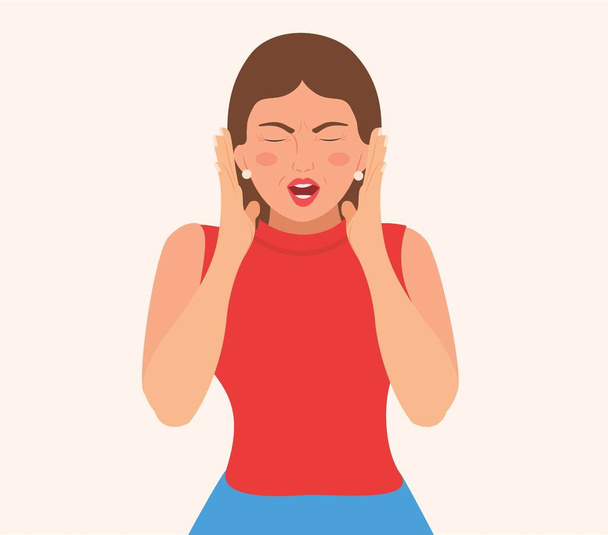 Young crazy woman screaming. Face expression with reaction and negative emotions. Insane or annoyed woman shouting emotional with open mouth and closed eyes in despair. isolated Vector illustration - Vector, Image