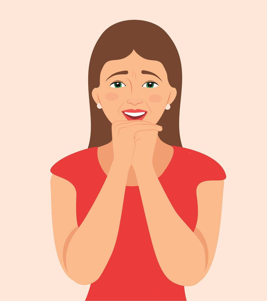 Surprised happy smiling young woman looks on in amazement. Dreamer girl looking hopefully. Amazed young woman holding her hands under cheeks and open-mouthed. Isolated Vector illustration - Vector, Image
