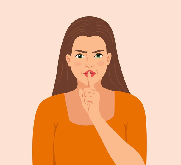 Beautiful young angry woman threatens with a raised index finger, isolated over background. Furious facial expression with hand gesture, isolated flat Vector illustration woman threatening with finger - Vector, Image