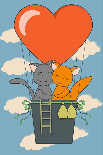 Lovely gray and orange cats in love hug and fly across the sky in a balloon in the form of a heart. Vector illustration for valentine's day - Vetor, Imagem