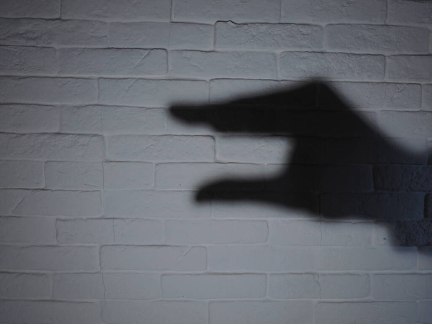 The shadow of a man's hand on a textured white brick wall. Stripes. The light from the lamp. Background. - Photo, Image
