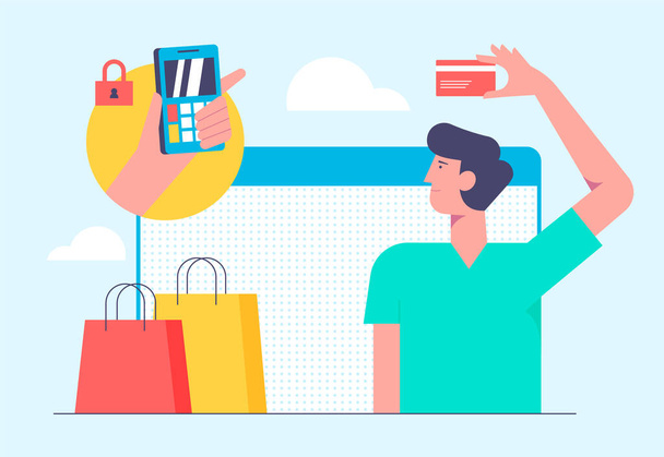 Online mobile shopping concept. Vector illustration in flat style design. Man buying products from bank card and make payment on internet. - Vector, Image