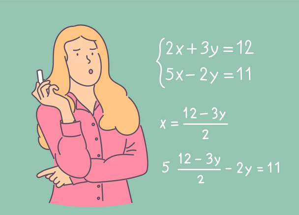 Giovane studentessa pensierosa pensierosa in piedi vicino alla lavagna e risolvere equazione matematica con gesso. Processo educativo - Vettoriali, immagini