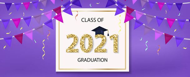 Class of 2021 graduation congratulation template for your design with graduation hat and shiny numbers. Vector illustration - Vector, Image