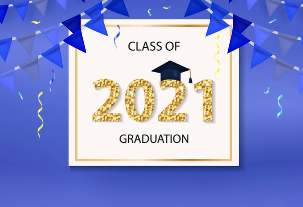 Κατηγορία 2021 πρότυπο αποφοίτησης συγχαρητήρια για το σχεδιασμό σας με καπέλο αποφοίτησης και λαμπερά νούμερα. Εικονογράφηση διανύσματος - Διάνυσμα, εικόνα