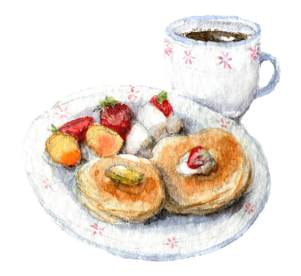 Food watercolor illustration of pancakes with berries on white plate. Hand drawn painting on white background. Coffee up for breakfast. - Photo, image
