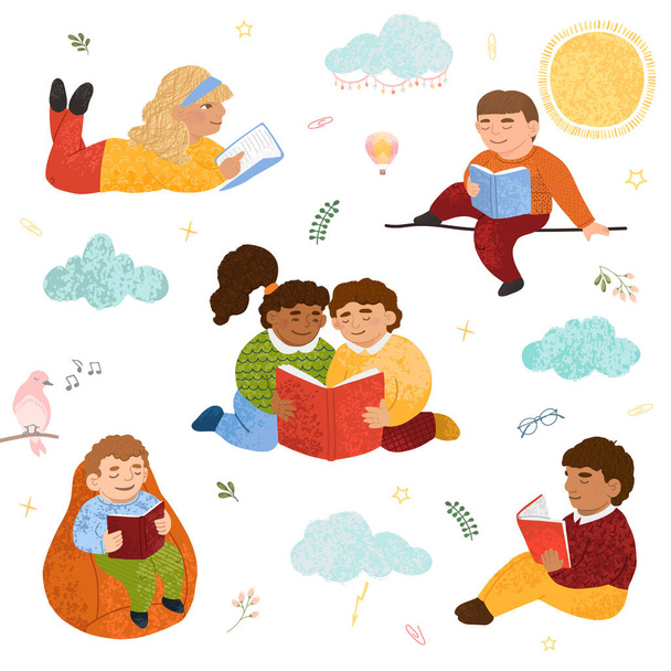 Πολύχρωμο σύνολο χαριτωμένα παιδιά διαβάζουν βιβλία - Διάνυσμα, εικόνα