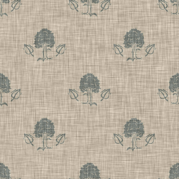 Handmade carved linen block print tree seamless pattern. Rustic babies silhouette illustration background. Modern beige style scandi. Soft cloth textile fashion all over design.  - Photo, Image