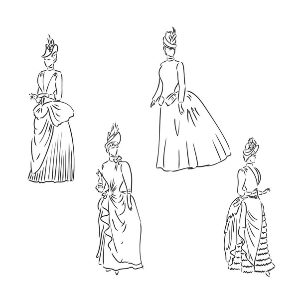 Antiek geklede dame. Ouderwetse vector illustratie. Victoriaanse vrouw in historische jurk. Vintage gestileerde tekening, retro houtsnede stijl retro jurk, vector schets op witte achtergrond - Vector, afbeelding