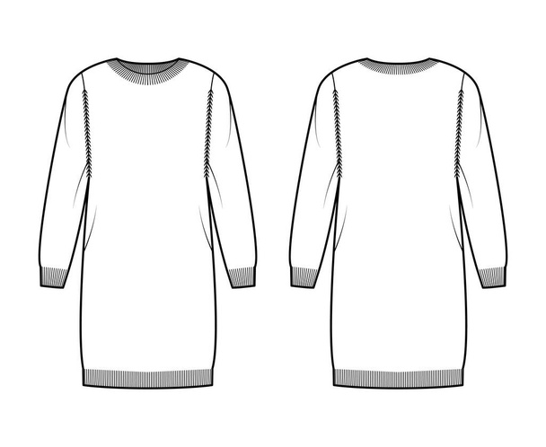 Rundhalskleid Pullover technische Mode Illustration mit langen Ärmeln, entspannte Passform, knielang, Strickrippenbesatz Pullover - Vektor, Bild