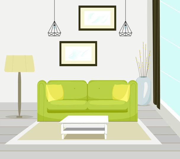 Interior of modern living room with sofa furniture, table, floor lamp, large window, wall painting, vector illustration in flat style - Vector, Image
