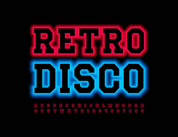 Vector event flyer Retro Disco with illuminated Font. Set of Red Glowing Alphabet Letters and Numbers - Вектор, зображення