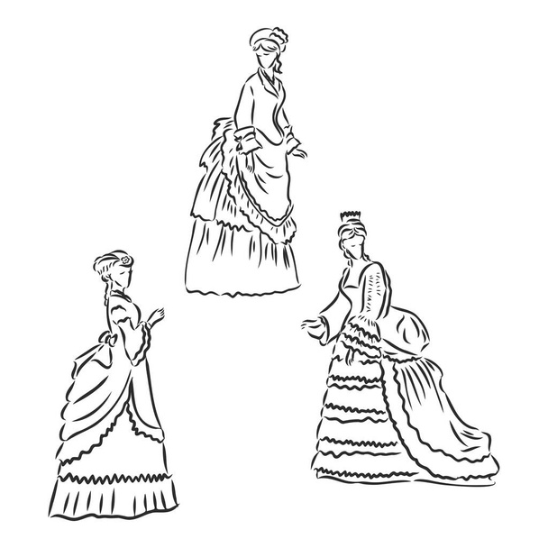 Старинная одетая леди. Старая модная векторная иллюстрация. Викторианка в исторической одежде. Винтажный стилизованный рисунок, ретро-платье в стиле ретро, векторный эскиз на белом фоне - Вектор,изображение