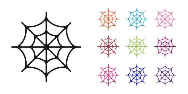 Black Spider Web-Symbol isoliert auf weißem Hintergrund. Cobweb-Zeichen. Frohe Halloween-Party. Setzen Sie Symbole bunt. Vektor. - Vektor, Bild