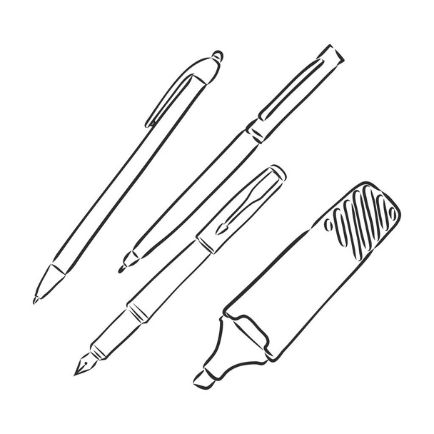 Vektorová černá čára umění, ručně kreslený náčrt na bílém pozadí, izolovaný objekt školní potřeby psací a kreslicí nástroje, pera, tužky, kartáče, značky, plstěné pero, atd., zpět na školní téma. kresba vektoru značky pera na bílém pozadí - Vektor, obrázek