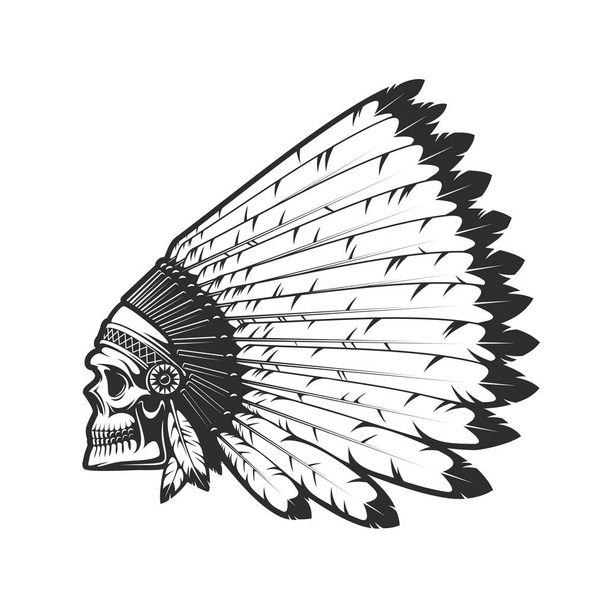 Indiai főkoponya sas tollak fejdísze, halott fej vektor tetoválás. Nyugati és őshonos amerikai törzsek kultúra szimbólum, indiai vezető harcos monokróm izolált fej - Vektor, kép