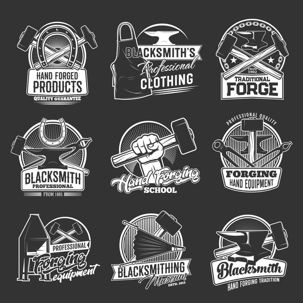 Blacksmithing and forging tools, equipment and clothing shop vector icons. Blacksmith workshop, ironwork vintage emblem. Sledgehammer in men hand, horseshoe and anvil, pliers and tongs, bellows, apron - Vector, Image