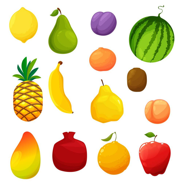 Naturalne gospodarstwo, sad dojrzałe owoce zestaw. Cytryna, gruszka i pióra, arbuz, pomarańcza i ananas, banan, kiwi i brzoskwinia, mango, granat i jabłko, pigwa, owoce kreskówki grejpfrutowej - Wektor, obraz