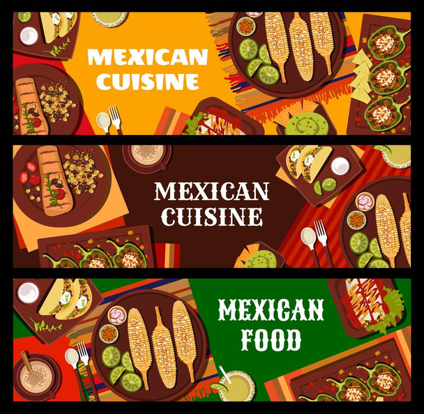 Mexican cuisine restaurant food and drinks vector banners. Carne Asada beef, avocado guacamole with nachos and chicken enchiladas, stuffed peppers, grilled corn and meat bean tacos, Michelada cocktail - Vector, Imagen