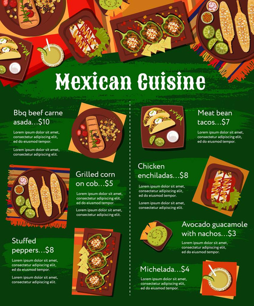 Meksikolainen keittiö ateriat valikko vektori malli. Carne Asada naudanliha, liha ja papu tacoja, Michelada cocktail, täytetyt paprikat ja avokado guacamole nachoja, kanaa enchiladas, grillattua maissia cob - Vektori, kuva