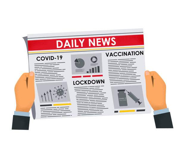 Ruce muže držícího noviny s denními aktuálními zprávami o covid-19. Články o očkování, uzamčení a pandemii. vektorové ilustrace izolované na bílém pozadí - Vektor, obrázek