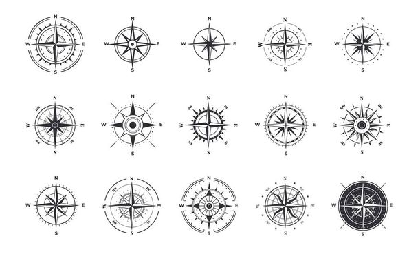 Iconos de brújula. Rosa de viento con orientación norte, equipo de navegación marítima símbolos antiguos. Set de signos cartográficos y geográficos. Siluetas vectoriales de instrumentos náuticos antiguos - Vector, Imagen