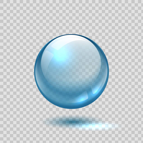 Clear glass bubble. Realistic blue sphere. 3D ball on transparent background. Glossy crystal object with shadow and light reflection. Circle shape lens template. Vector round water drop - Vector, Image