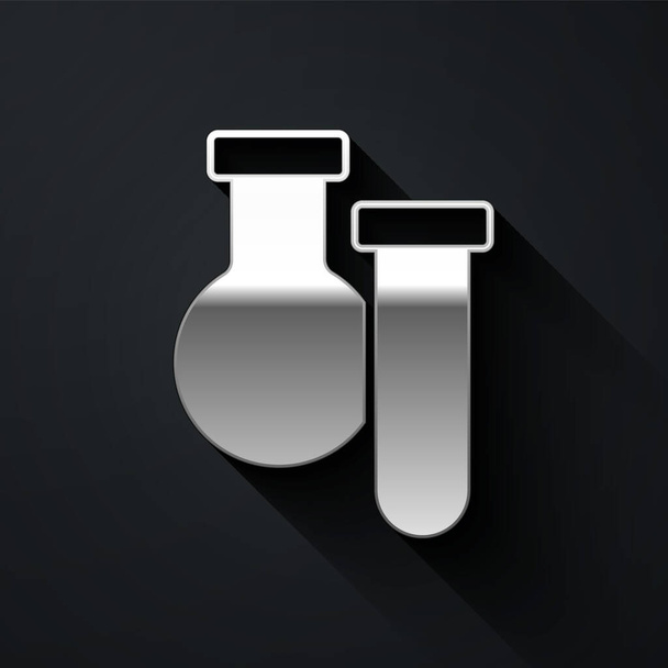 Silber Reagenzglas und Kolben Chemielabor Testsymbol isoliert auf schwarzem Hintergrund. Laborgläser. Langer Schatten. Vektor. - Vektor, Bild
