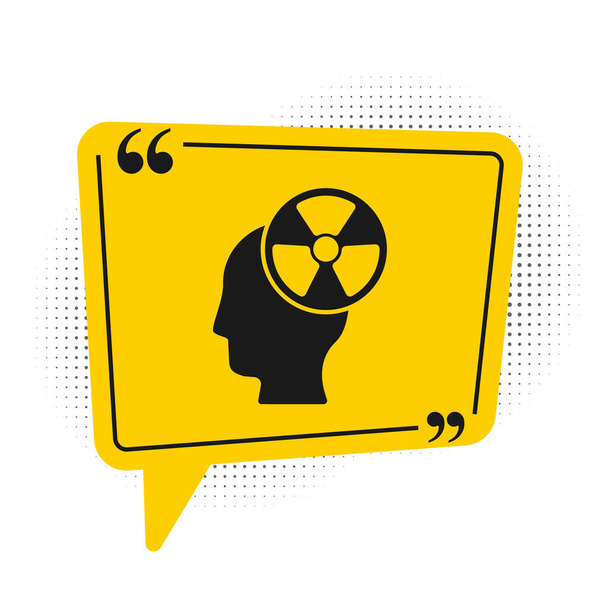 Schwarze Silhouette eines menschlichen Kopfes und ein Strahlungssymbol auf weißem Hintergrund. Gelbes Sprechblasensymbol. Vektor. - Vektor, Bild