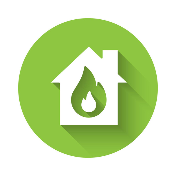 White Fire in burning house icon isolated with long shadow. Green circle button. Vector. - Vector, Image