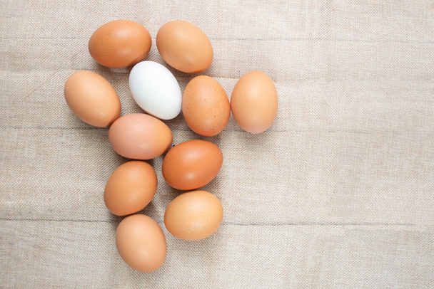 Top view λευκό αυγό μέσα σε πολλά αυγά σε σάκο φόντο. αυγό κοτόπουλου μέσα σε αυγό πάπιας ή Διαφορετικός άνθρωπος στην κοινωνική ή διαφορετική επιχειρηματική έννοια. Επιλεκτική εστίαση. Η έννοια της ζωής των μοναχών. - Φωτογραφία, εικόνα