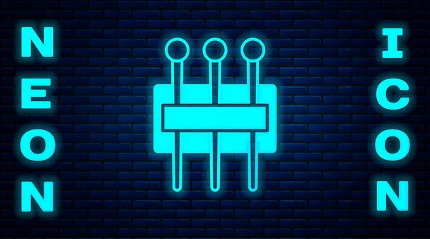 Glowing neon Needle for sewing icon isolated on brick wall background. Tailor symbol. Textile sew up craft sign. Embroidery tool.  Vector. - Vector, Image