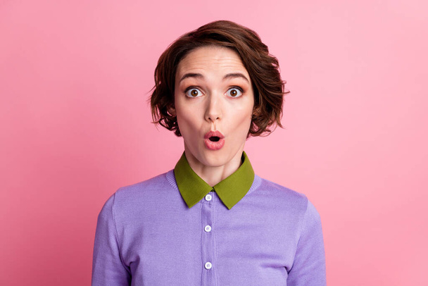 Portrait of astonished girl open mouth wear clothes isolated over pink color background - 写真・画像